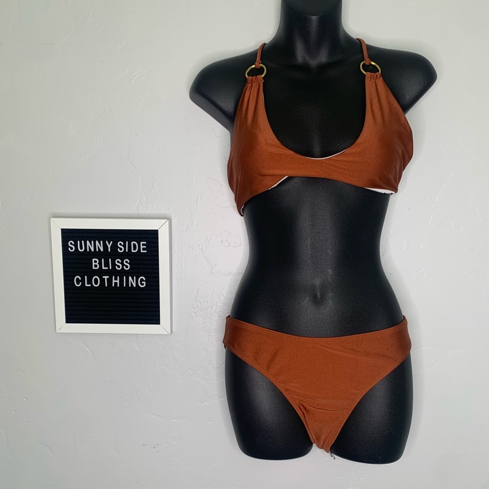 SHEIN Brown Strappy Ring Detail Bikini Set Size Medium Cutout Two Piece Swim